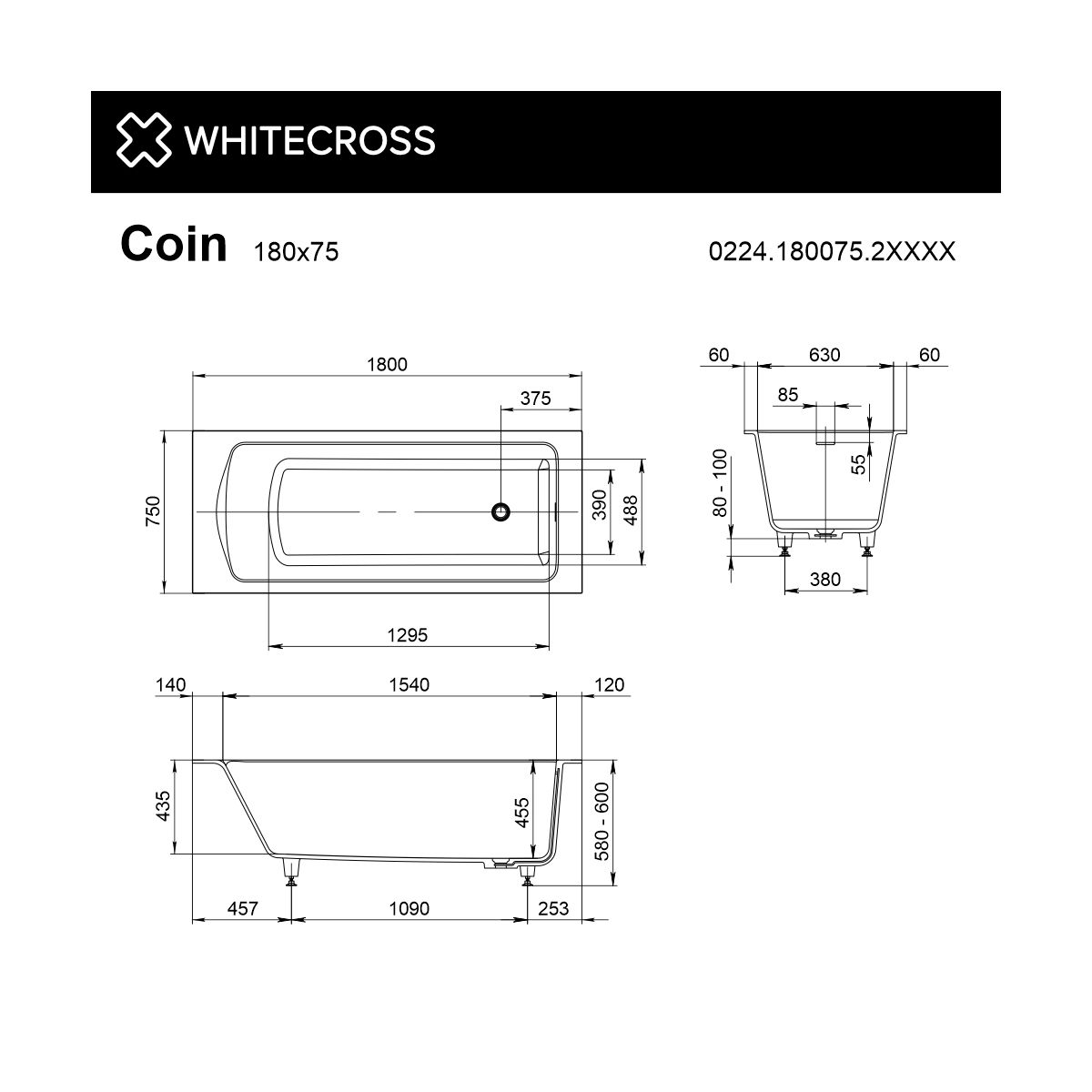 Ванна WHITECROSS Coin 180x75 (RAL мат) иск. камень
