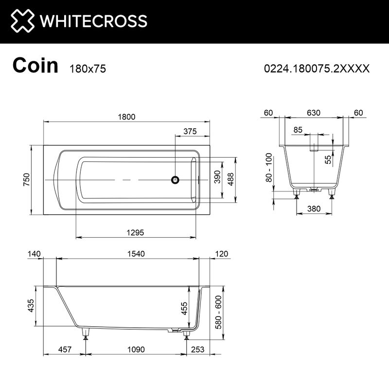 Ванна из искусственного камня WHITECROSS Coin 180x75 solid surface / 0224.180075.2XXXX RAL матовый
