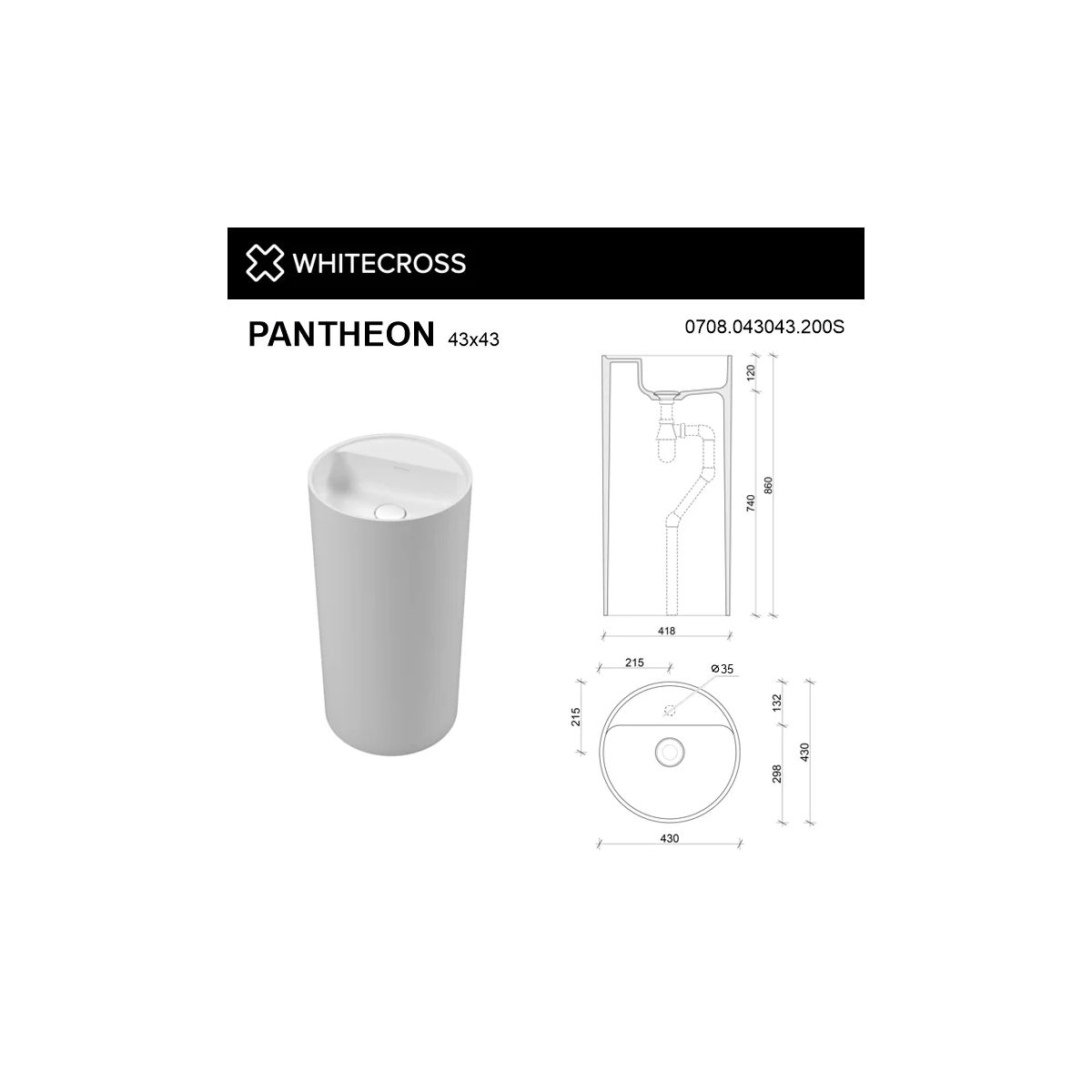 Умывальник WHITECROSS Pantheon D=43 (белый мат) иск. камень