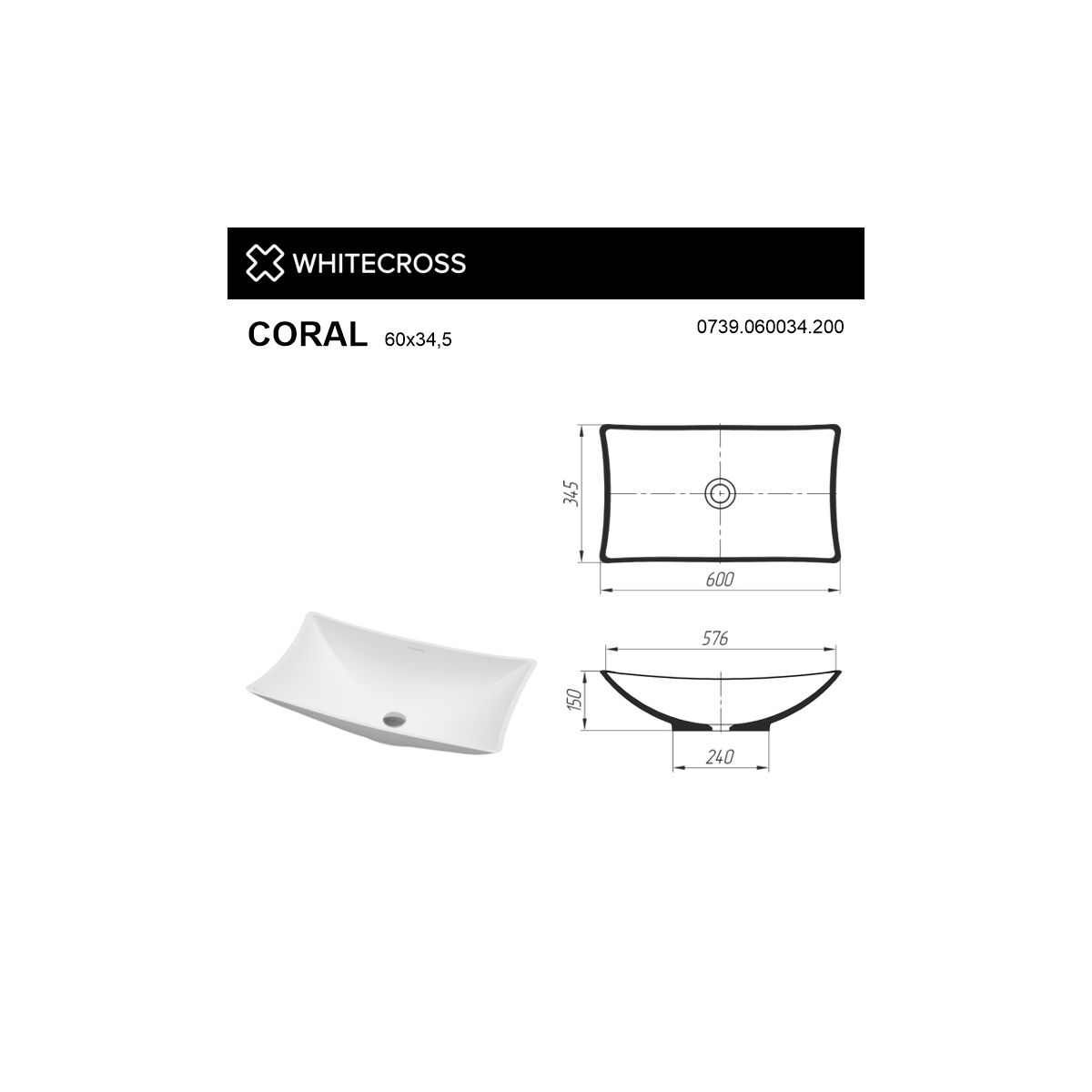Умывальник WHITECROSS Coral 60x34,5 (белый мат) иск. камень