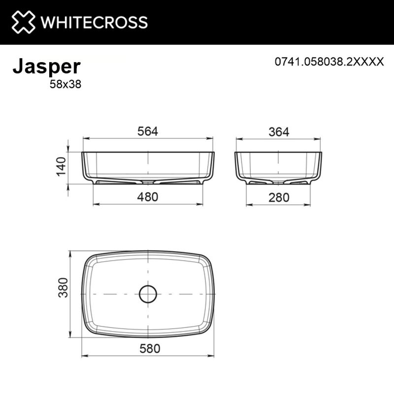 Раковина WHITECROSS Jasper 58×38 иск. камень solid surface / 0741.058038.2XXXX (RAL матовый)