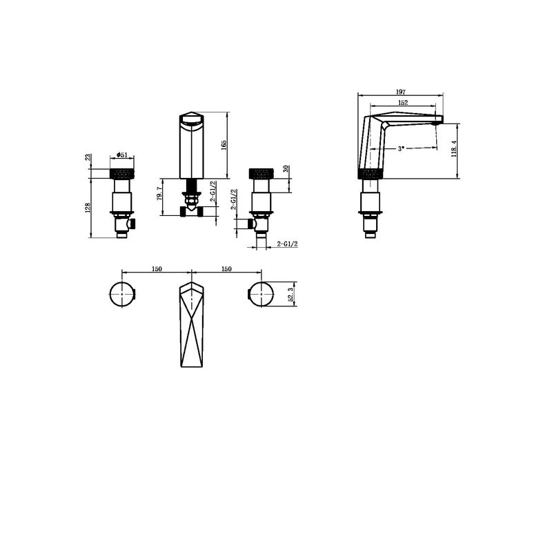 Смеситель для раковины BOHEME Venturo 150-GM-DIAMOND на 3отв. ручка DIAMOND Gun Metall