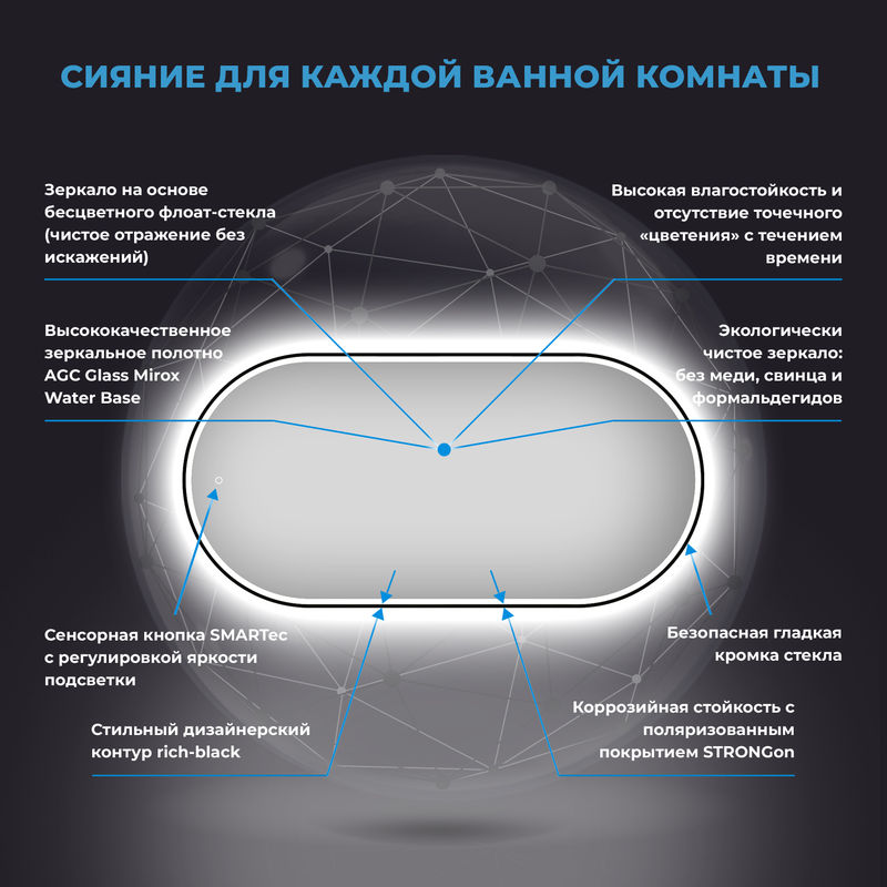 Зеркало Wellsee 7 Rays' Spectrum 172201590 с фронтальной LED-подсветкой (80×40 см)
