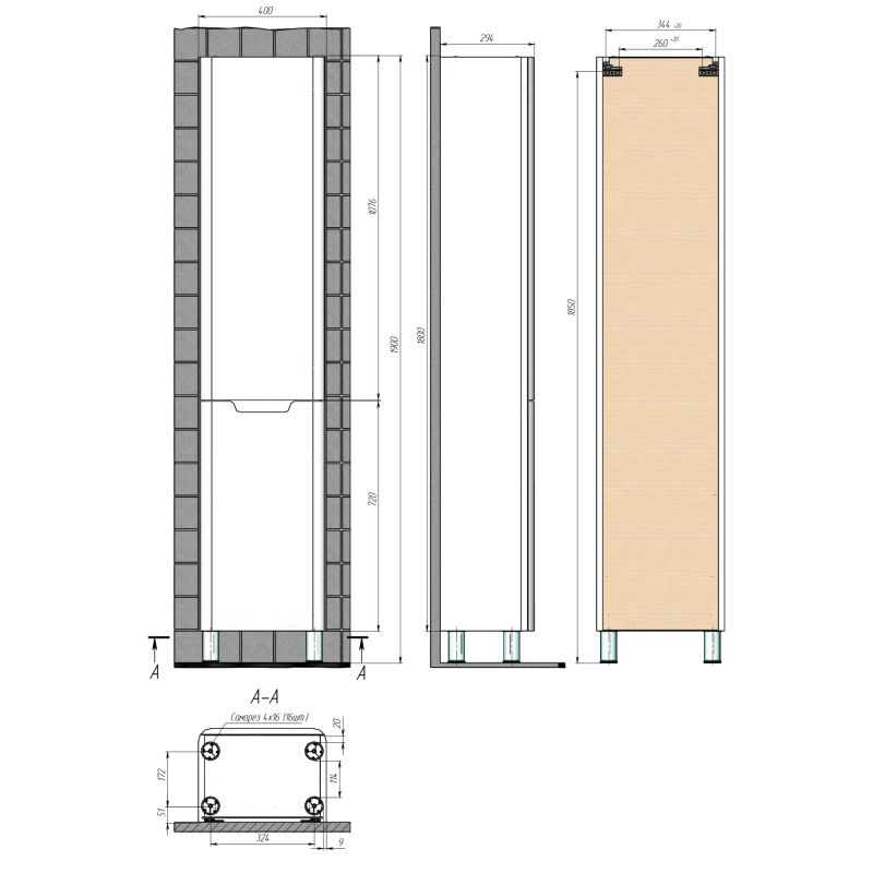 Шкаф-пенал для ванной BRIZ Альби 40 с б/к правый / 235 04-00к40-00 02 БЕЛ