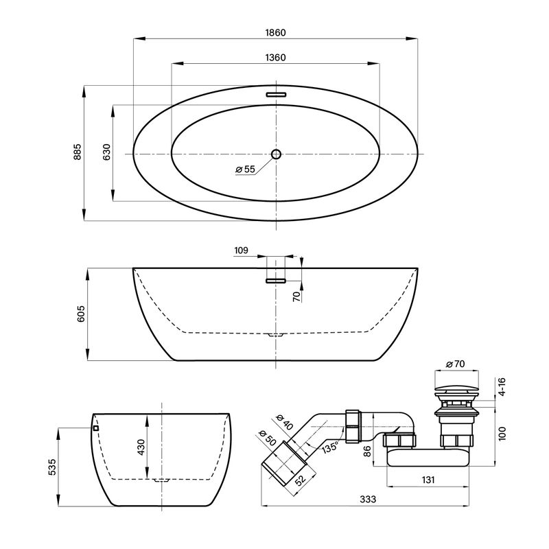 Акриловая ванна Wellsee Grand Pri× 235601001 186×88,5 см цвет белый глянец отдельностоящая
