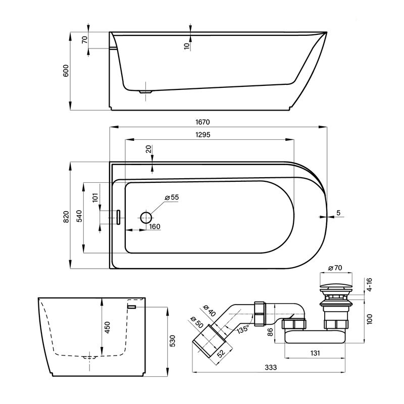 Акриловая ванна Wellsee Camellia 236101002 167×82 см (левая) цвет белый глянец отдельностоящая