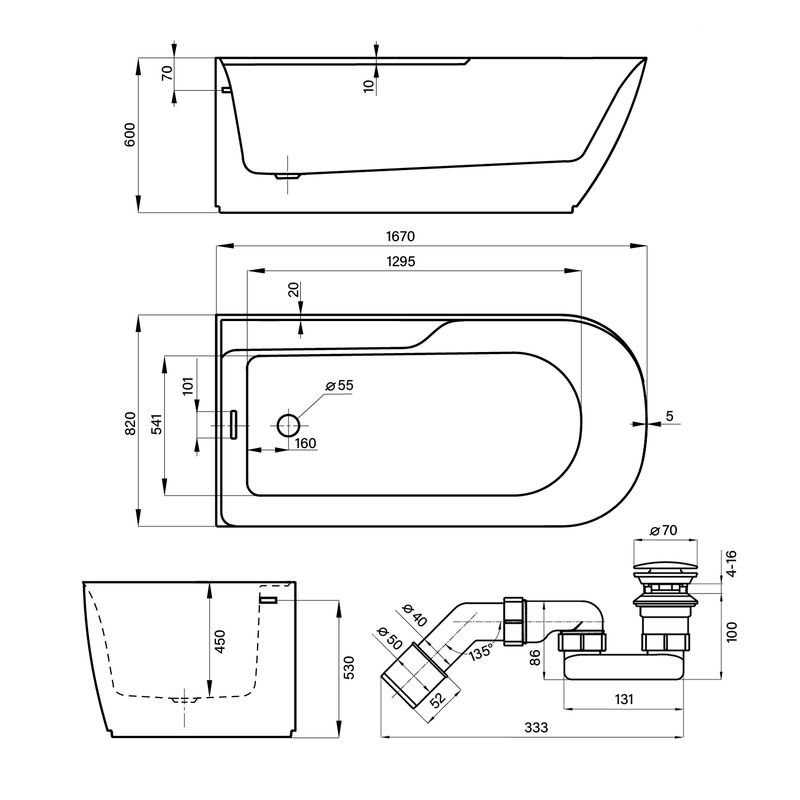Акриловая ванна Wellsee Camellia 20 236201002 167×82 см (левая) цвет белый глянец отдельностоящая