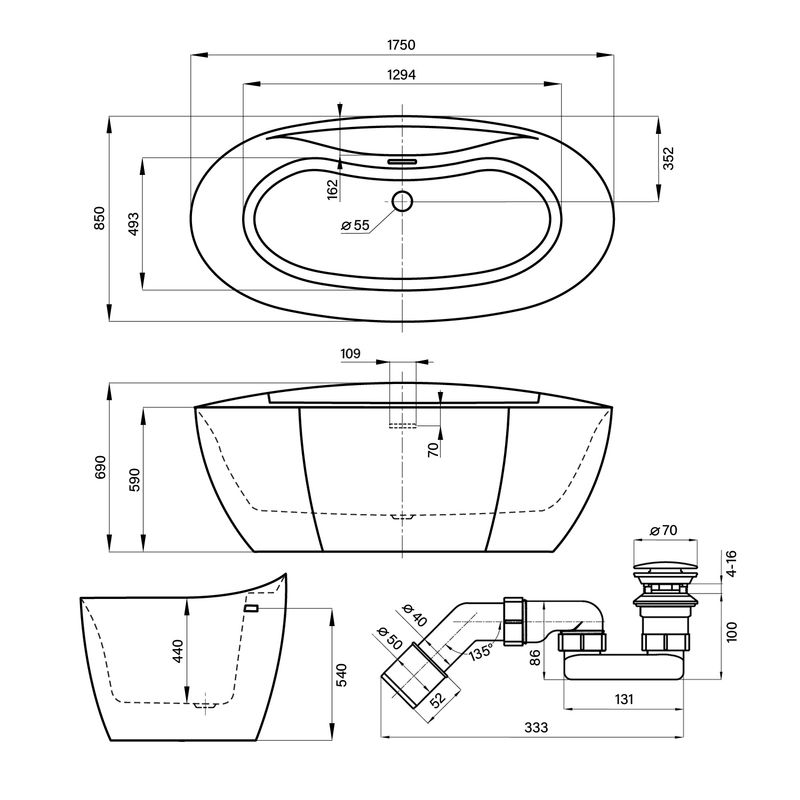 Акриловая ванна Wellsee L’aster 236301003 175×85 см цвет белый глянец отдельностоящая