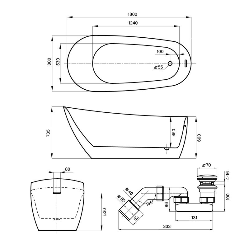 Акриловая ванна Wellsee Paradise Story 236602003 180×80 см цвет белый глянец отдельностоящая