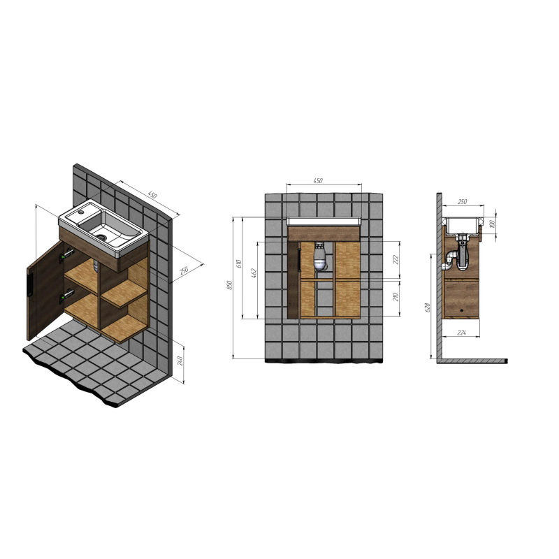Тумба с раковиной BRIZ Берн 45 + Фостер / 238 03-18045-06 00 ВЕЛ дуб веллингтон табак