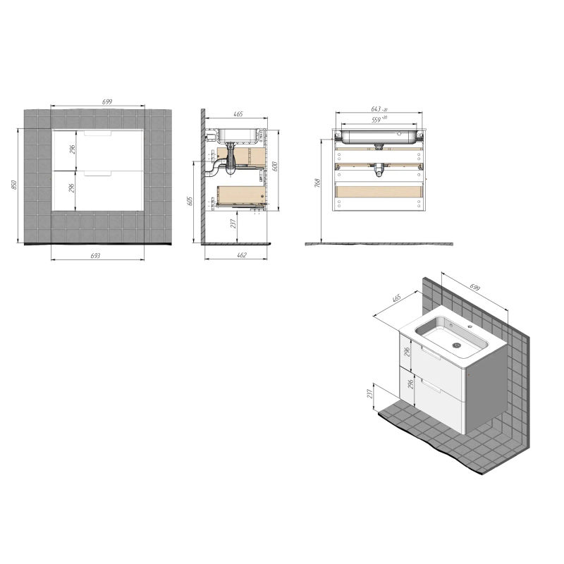 Тумба с раковиной BRIZ Прато Грэй 70 + Прато / 240 03-18070-16 00 ГР темно-серый матовый