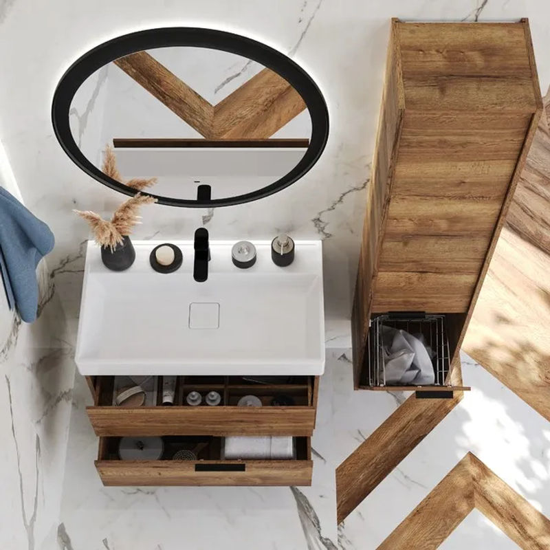 Тумба с раковиной BRIZ Тесо 80 подвесная + Вилис / 243 03-18080-17 00 ВЕЛ дуб веллингтон табак