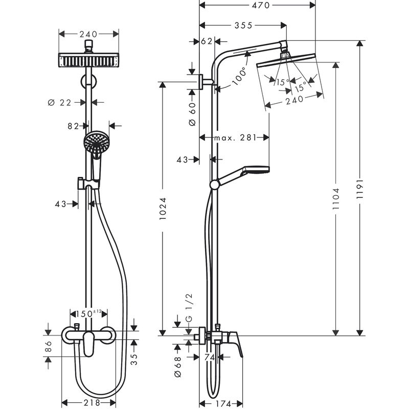 Душевая система Hansgrohe Crometta E Showerpipe 240 1jet 27284000 хром