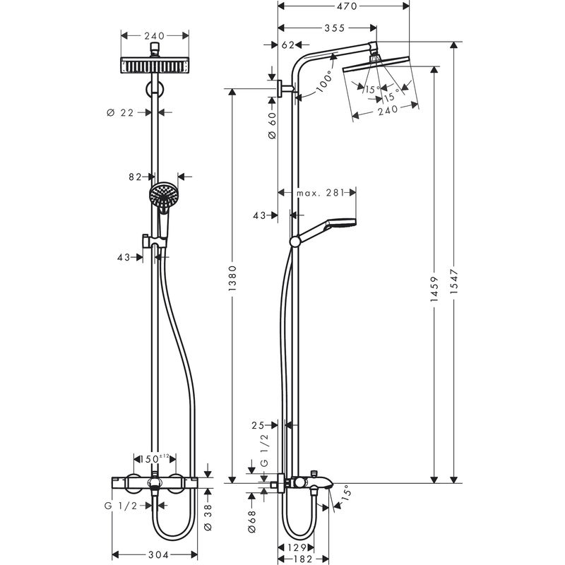 Душевая система Hansgrohe Crometta E Showerpipe 240 1jet 27298000 хром с термостатом