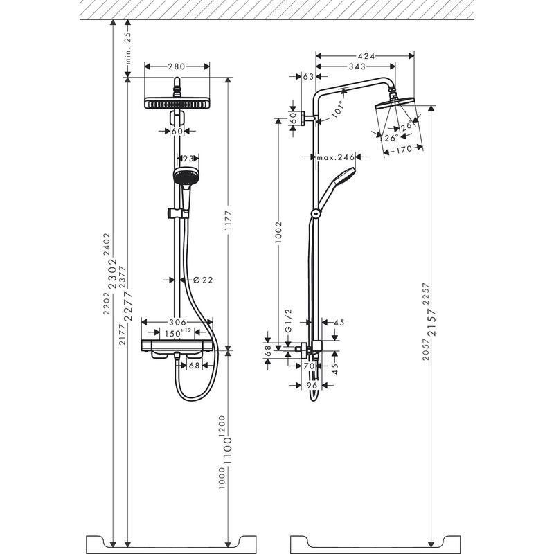 Душевая система Hansgrohe Croma E Showerpipe 280 1jet 27630000 хром с термостатом