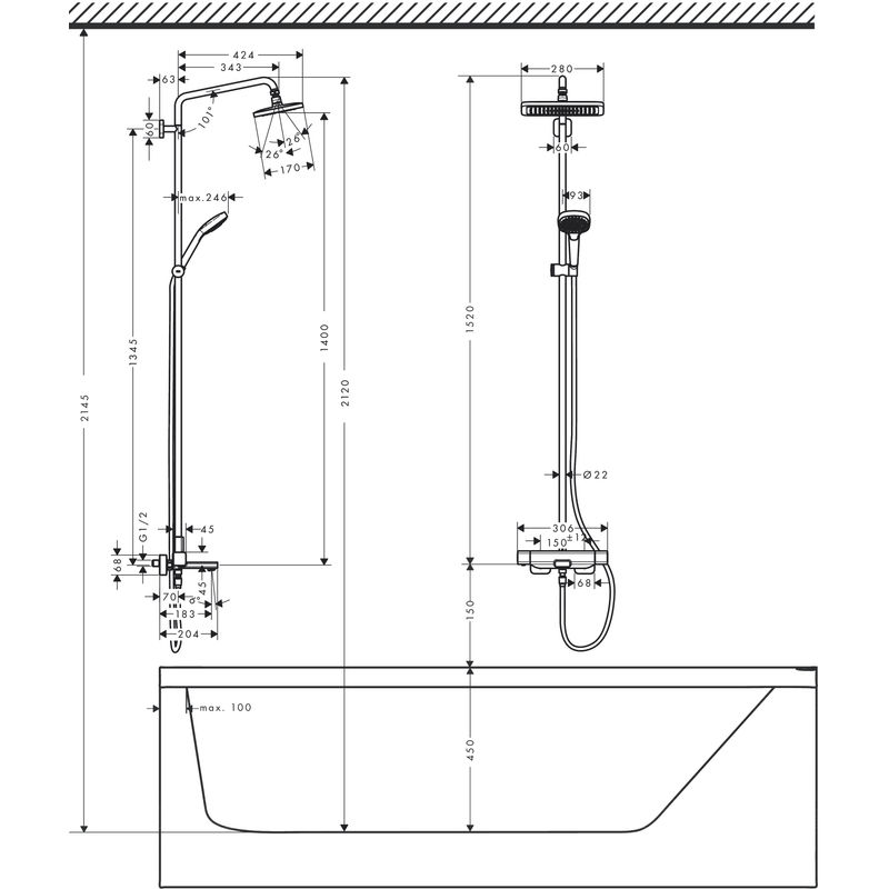 Душевая система Hansgrohe Croma E Showerpipe 280 1jet 27687000 хром с термостатом