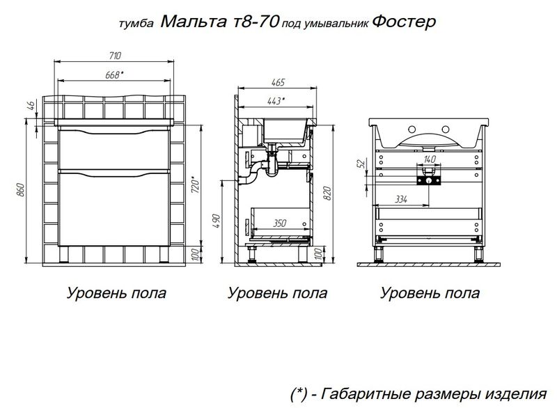Тумба напольная 2 ящ. BRIZ Мальта 70 с умывальником Фостер