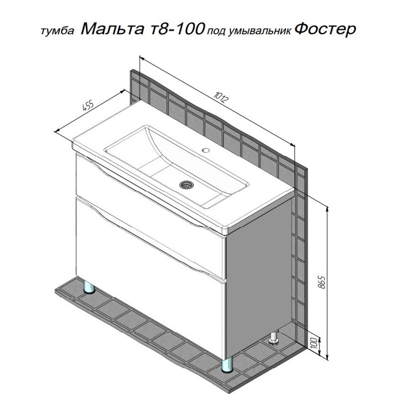 Тумба с раковиной BRIZ Мальта 100 2 ящ. + Фостер / 365 03-08100-06 00 БЕЛ