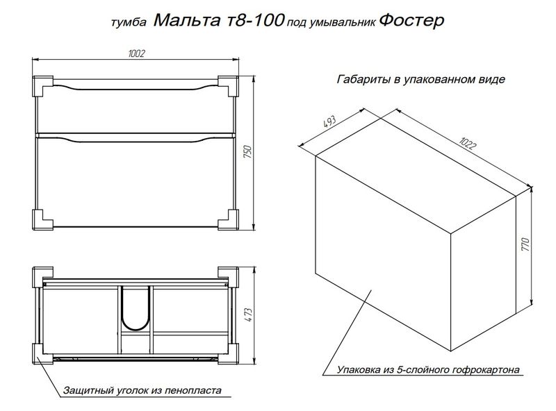 Тумба напольная 2 ящ. BRIZ Мальта 100 с умывальником Фостер