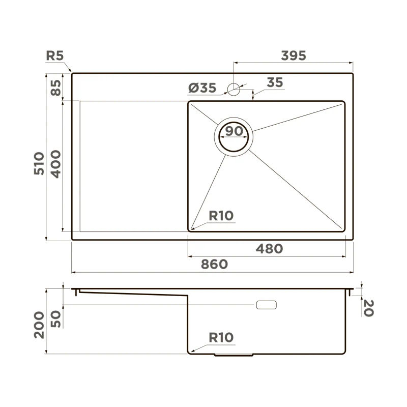 Кухонная мойка из нержавеющей стали Omoikiri Akisame 86-IN-R Side 4997042 (нержавеющая сталь)