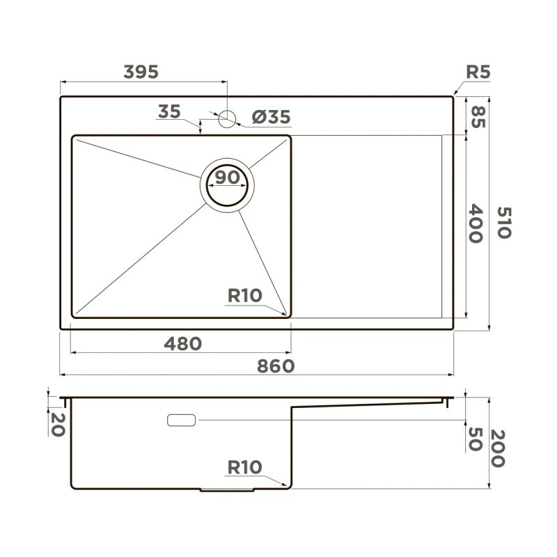 Кухонная мойка из нержавеющей стали Omoikiri Akisame 86-LG-L Side 4997045 (светлое золото)