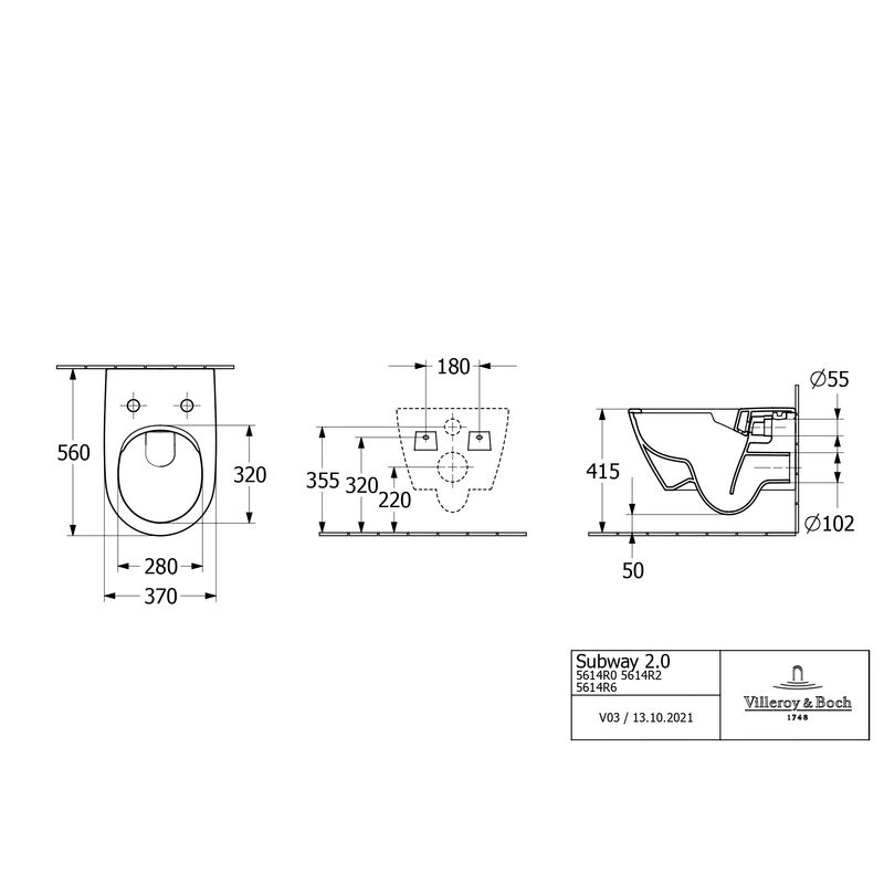 Подвесной унитаз Villeroy&Boch Subway 2.0 5614R001 37x56,5 безободковый
