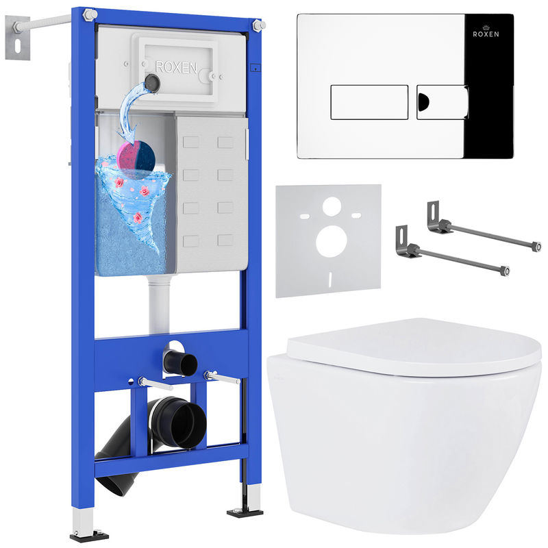 Унитаз подвесной с инсталляцией Roxen StounFix Dual Fresh 585987 6 в 1 (состоит из: 710200, Caspia 410280CH; 530185-02)