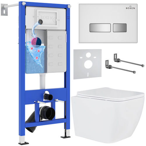 Унитаз подвесной с инсталляцией Roxen StounFix Dual Fresh 639404 6 в 1 (состоит из: 710200, Glass 430280W; 530145-01)