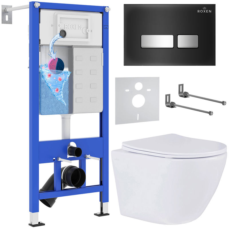 Унитаз подвесной с инсталляцией Roxen StounFix Dual Fresh 642915 6 в 1 (состоит из: 710200, Glass 430280B; 530185-01)