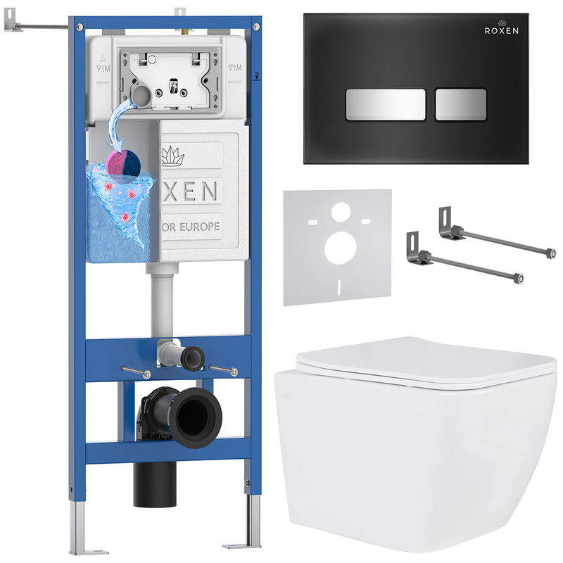 Унитаз подвесной с инсталляцией Roxen StounFix Dual Fresh 646038 6 в 1 (состоит из: 710200, Glass 430280B; 530135-01)