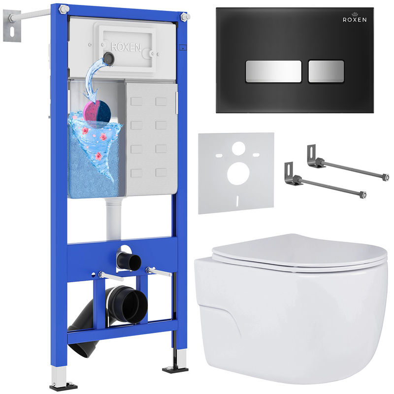 Унитаз подвесной с инсталляцией Roxen StounFix Dual Fresh 646666 6 в 1 (состоит из: 710200, Glass 430280B; 530155-01)