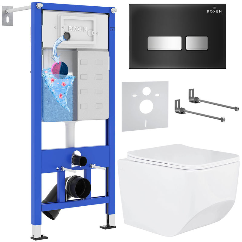 Унитаз подвесной с инсталляцией Roxen StounFix Dual Fresh 649644 6 в 1 (состоит из: 710200, Glass 430280B; 530145-01)