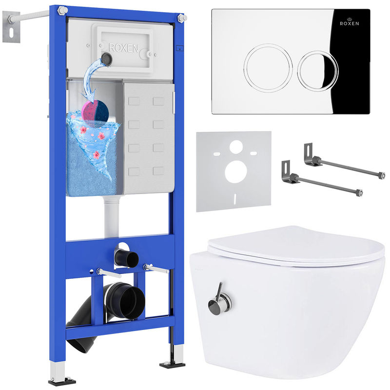 Унитаз подвесной с инсталляцией Roxen StounFix Dual Fresh 926249 6 в 1 (состоит из: инсталляции 710200, кнопки Santi 410260CH, 530185-01X)