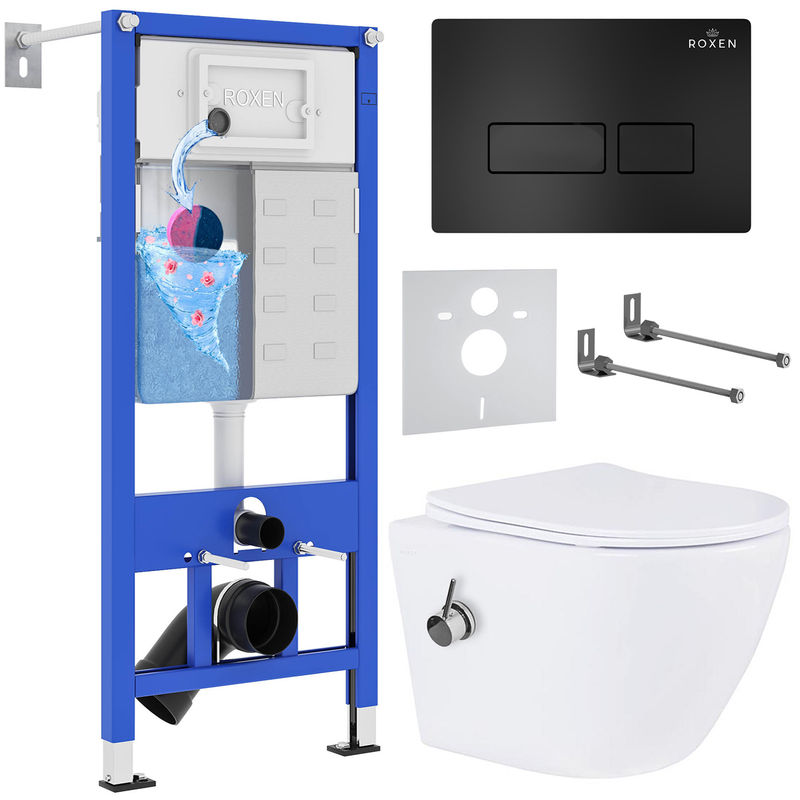 Унитаз подвесной с инсталляцией Roxen StounFix Dual Fresh 958156 6 в 1 (состоит из: инсталляции 710200, кнопки Caspia 410280B, 530185-01X)