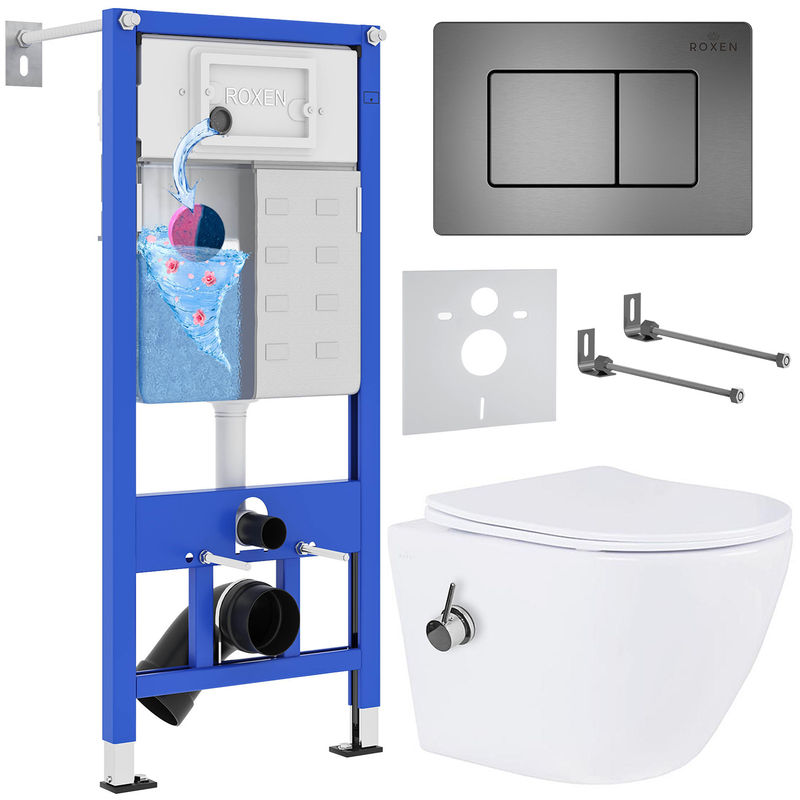 Унитаз подвесной с инсталляцией Roxen StounFix Dual Fresh 960516 6 в 1 (состоит из: инсталляции 710200, кнопки Steel 420280G, 530185-01X)