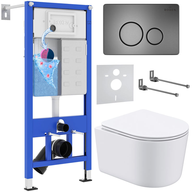 Унитаз подвесной с инсталляцией Roxen StounFix Dual Fresh 963592 6 в 1 (состоит из: инсталляции 710200, кнопки Steel 420260G, 530120-01)