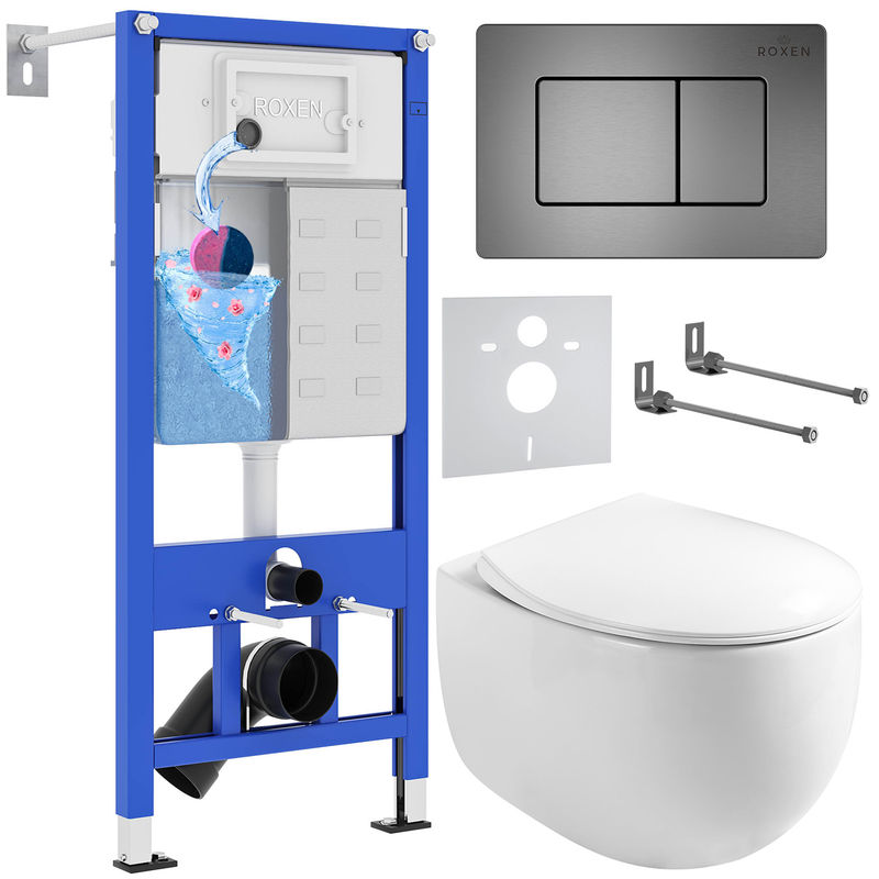 Унитаз подвесной с инсталляцией Roxen StounFix Dual Fresh 964215 6 в 1 (состоит из: 710200, Steel 420280G, 530170-01)