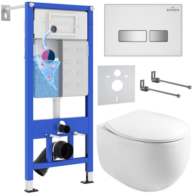 Унитаз подвесной с инсталляцией Roxen StounFix Dual Fresh 964245 6 в 1 (состоит из: 710200, Glass 430280W, 530170-01)