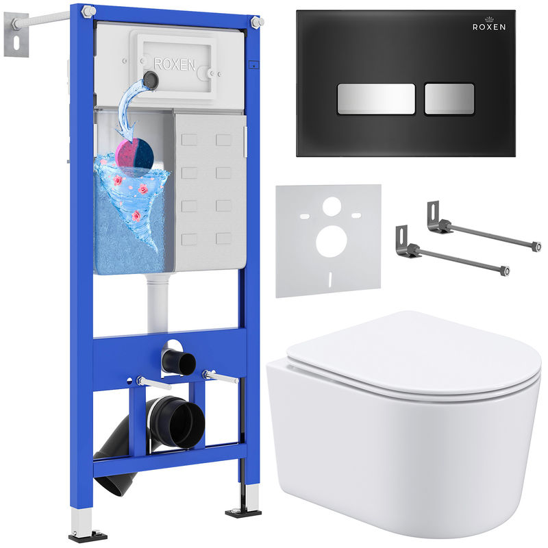 Унитаз подвесной с инсталляцией Roxen StounFix Dual Fresh 965318 6 в 1 (состоит из: инсталляции 710200, кнопки Glass 430280В, 530120-01)