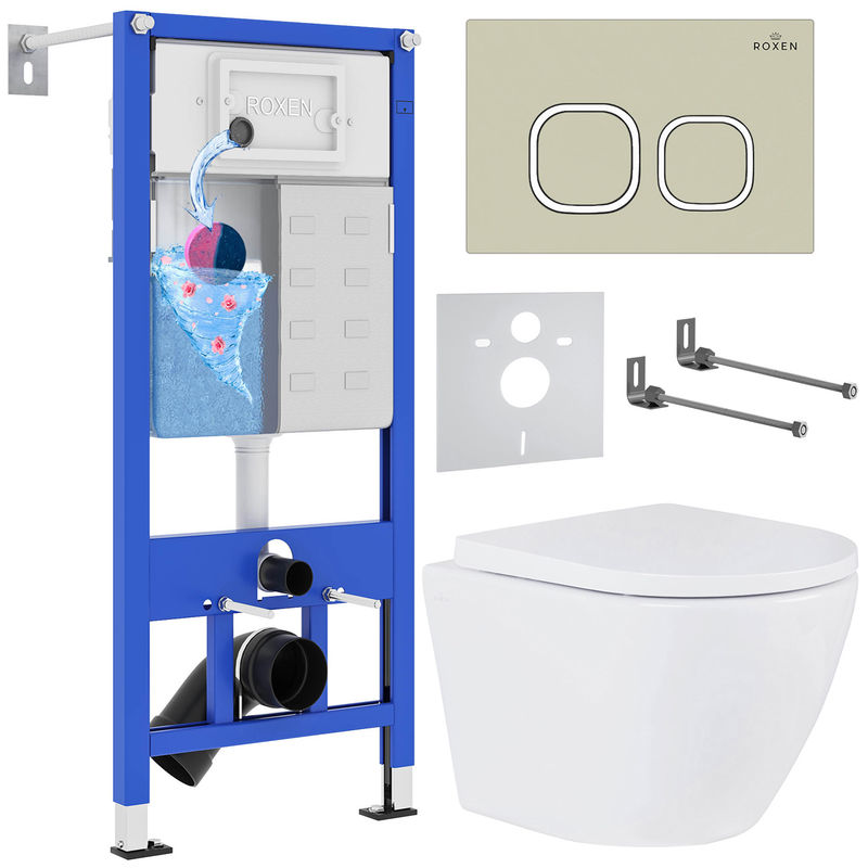 Унитаз подвесной с инсталляцией Roxen StounFix Dual Fresh 966464 6 в 1 (состоит из: 710200, Santi 410280BG, 530185-02)