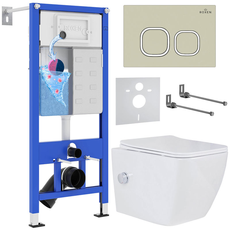 Унитаз подвесной с инсталляцией Roxen StounFix Dual Fresh 966554 6 в 1 (состоит из: 710200, Santi 410280BG, 530135-01X)