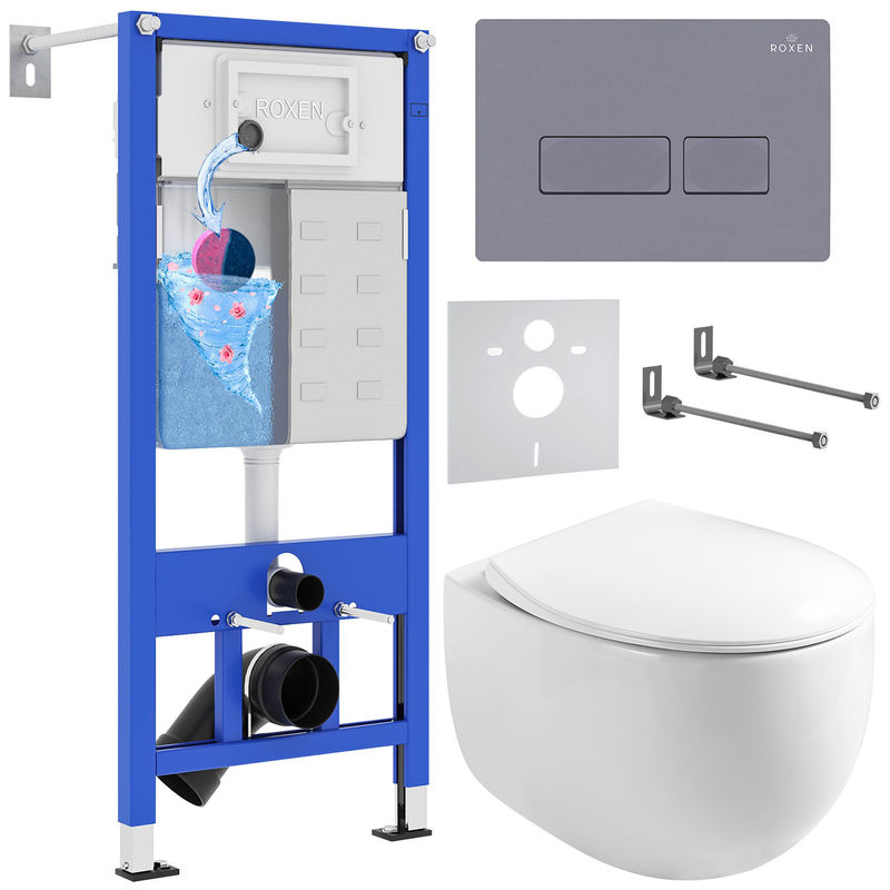 Унитаз подвесной с инсталляцией Roxen StounFix Dual Fresh 966842 6 в 1 (состоит из: 710200, Caspia 410280DG, 530170-01)