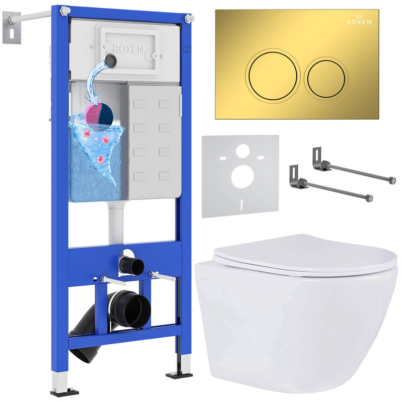 Унитаз подвесной с инсталляцией Roxen StounFix Dual Fresh 968010 6 в 1 (состоит из: 710200, Santi 410260G, 530185-01)