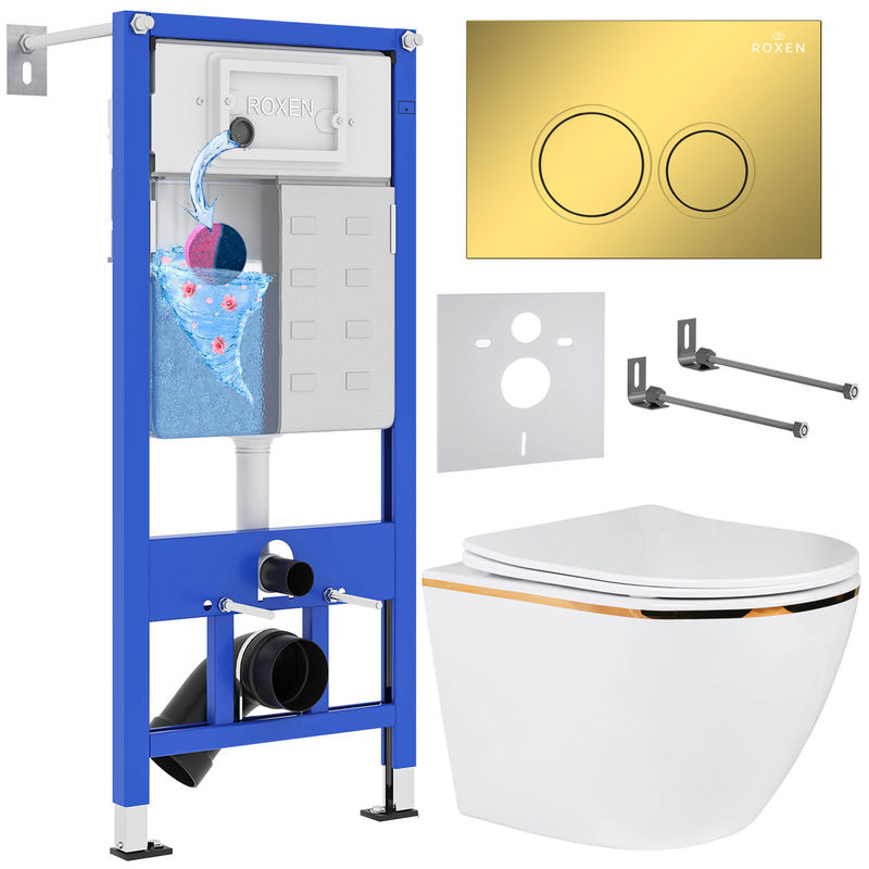 Унитаз подвесной с инсталляцией Roxen StounFix Dual Fresh 968092 6 в 1 (состоит из: 710200, Santi 410260G, 530110-01G)