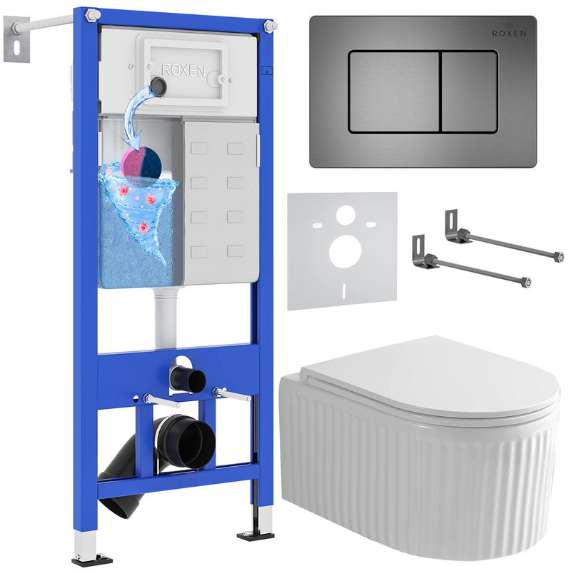 Унитаз подвесной с инсталляцией Roxen StounFix Dual Fresh 968290 6 в 1 (состоит из: 710200, Steel 420280G, 530200-01)