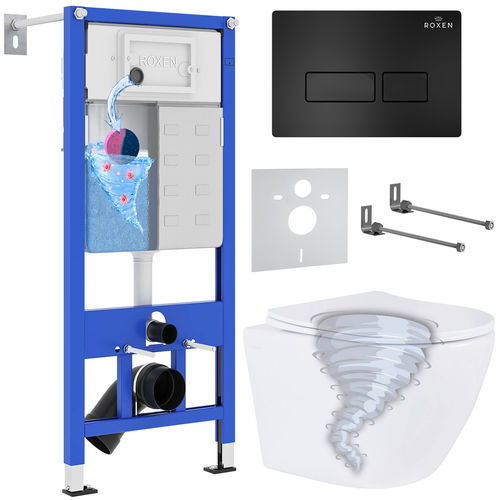 Унитаз подвесной с инсталляцией Roxen StounFix Dual Fresh 968313 6 в 1 (состоит из: 710200, Caspia 410280B, Roxen Antares)