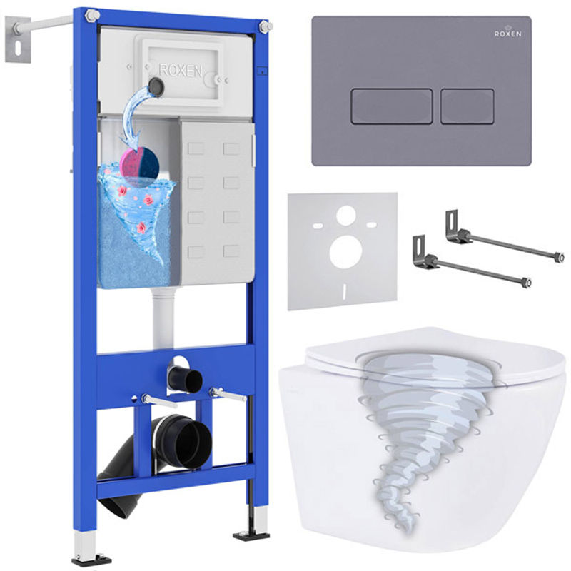 Унитаз подвесной с инсталляцией Roxen StounFix Dual Fresh 968330 6 в 1 (состоит из: 710200, Caspia 410280DG, Roxen Antares)