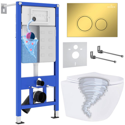 Унитаз подвесной с инсталляцией Roxen StounFix Dual Fresh 968356 6 в 1 (состоит из: 710200, Santi 410260G, Roxen Antares)