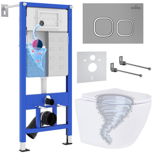 Унитаз подвесной с инсталляцией Roxen StounFix Dual Fresh 968387 6 в 1 (состоит из: 710200, Santi 410280M, Roxen Antares)