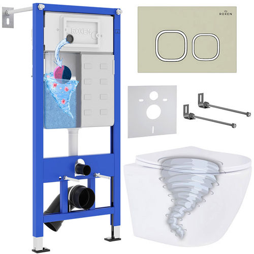 Унитаз подвесной с инсталляцией Roxen StounFix Dual Fresh 968388 6 в 1 (состоит из: 710200, Santi 410280BG, Roxen Antares)